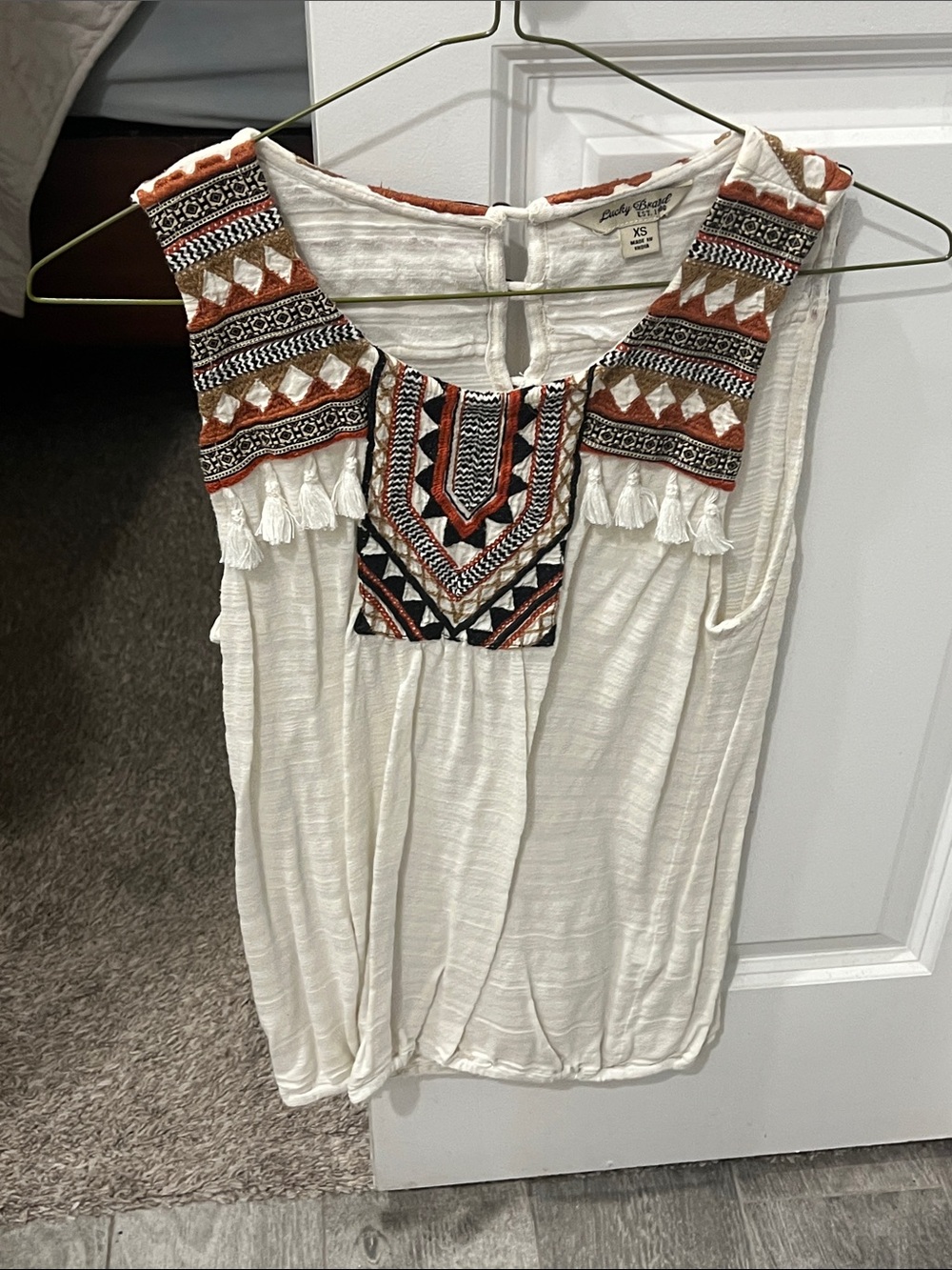 Lucky Brand Cream Tank with Rust and Black Embroidered Yoke